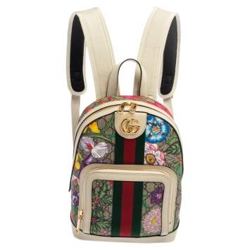 Pre Owned Gucci White GG Supreme Canvas and Leather Small Ophidia Flora Backpack