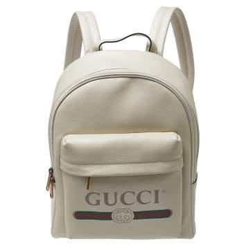 Pre Owned Gucci Off White Leather Logo Print Backpack