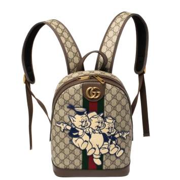 Pre Owned Gucci Beige GG Supreme Canvas and Leather Disney Three Little Pigs Ophidia Backpack