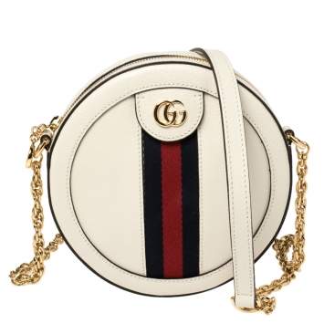 Pre Owned Gucci White Leather Mini Ophidia Round Shoulder Bag   