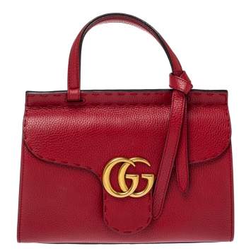 Pre Owned Gucci Red Leather Mini GG Marmont Top Handle Bag