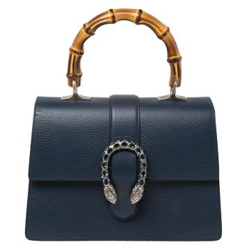 Pre Owned Gucci Navy Blue Leather Medium Dionysus Bamboo Top Handle Bag