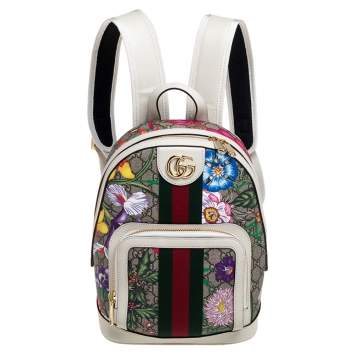 Pre Owned Gucci White GG Supreme Canvas and Leather Small Ophidia Flora Backpack