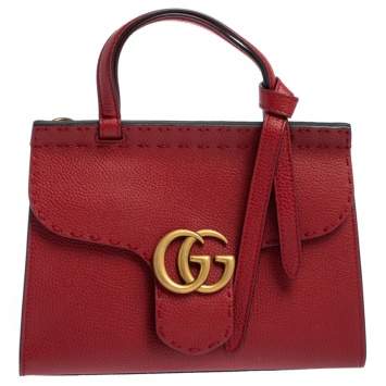 Pre Owned Gucci Red Leather GG Marmont Top Handle Bag