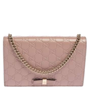 Pre Owned Gucci Pink Guccissima Leather Bow Flap Wallet on Chain