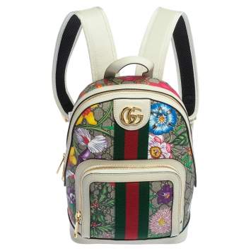 Pre Owned Gucci White GG Supreme Canvas and Leather Small Ophidia Flora Backpack