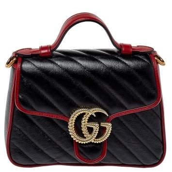 Pre Owned Gucci Black/Red Matelasse Leather Mini GG Marmont Torchon Top Handle Bag