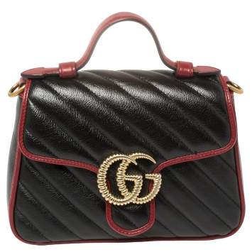 Pre Owned Gucci Black Diagonal Quilt Leather Mini GG Marmont Torchon Top Handle Bag