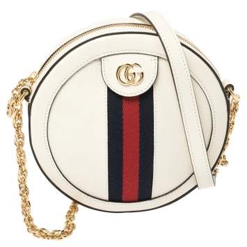 Pre Owned Gucci White Leather Mini Ophidia Round Shoulder Bag   