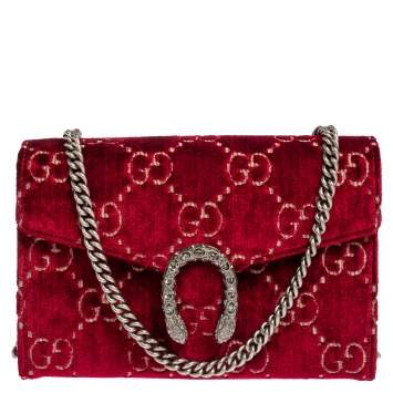 Pre Owned Gucci Red GG Velvet Mini Dionysus Wallet On Chain