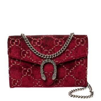Pre Owned Gucci Red GG Velvet Mini Dionysus Wallet On Chain
