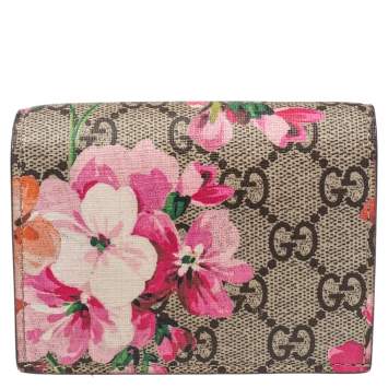 Pre Owned Gucci Beige/Pink GG Blooms Supreme Canvas Card Case