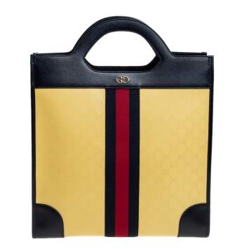 Pre Owned Gucci Yellow/Navy Blue Leather GG Crystal Canvas and Leather Medium Ophidia Tote
