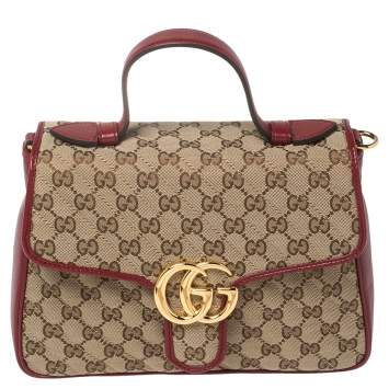 Pre Owned Gucci Red/Beige GG Canvas and Leather Small GG Marmont Top Handle Bag