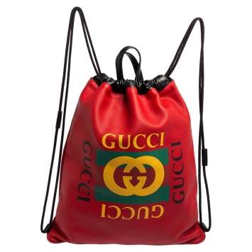 Pre Owned Gucci Red Leather Logo Drawstring Backpack