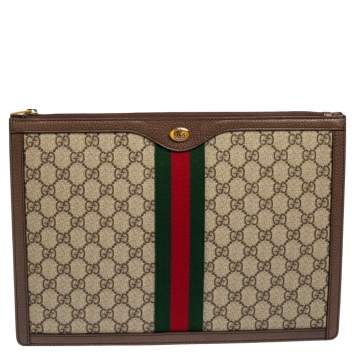 Pre Owned Gucci Beige/Brown GG Supreme Canvas and Leather Ophidia Pouch