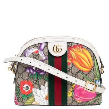 Pre Owned Gucci Beige/Off White GG Supreme Canvas and Leather Floral Print Small Ophidia Crossbody Bag