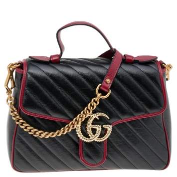 Pre Owned Gucci Black/Burgundy Quilted Leather GG Marmont Top Handle Bag