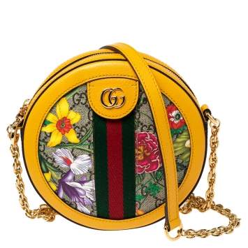 Pre Owned Gucci Mustard GG Supreme Canvas and Leather Mini Ophidia Floral Round Bag