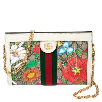 Pre Owned Gucci Off-White GG Supreme Canvas and Leather Small Ophidia Floral Chain Bag