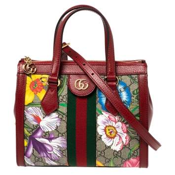 Pre Owned Gucci Red GG Supreme Canvas and Leather Small Ophidia Floral Tote Bag 
