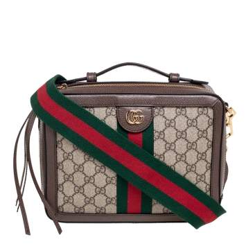 Pre Owned Gucci Brown/Beige GG Supreme Canvas and Leather Small Ophidia Square Top Handle Bag