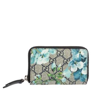 Pre Owned Gucci Blue GG Supreme Canvas Blooms Zip Around Card Case