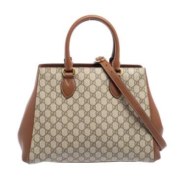 Pre Owned Gucci Beige/Brown GG Supreme Canvas And Leather Top Handle Bag