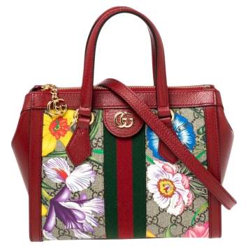 Pre Owned Gucci Red GG Supreme Canvas and Leather Small Ophidia Floral Tote 