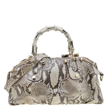Pre Owned Gucci Beige Python Dialux Pop Bamboo Satchel