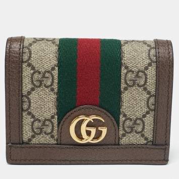 Pre Owned Gucci Beige/Brown GG Supreme Canvas and Leather Ophidia Web Compact Wallet
