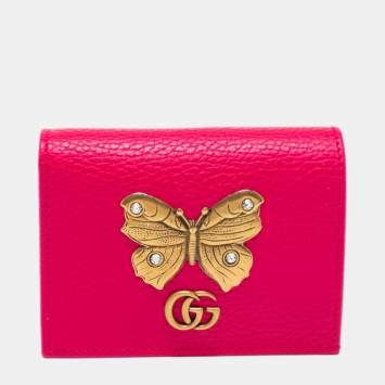 Pre Owned Gucci Hot Pink Leather Butterfly Embellished Card Case