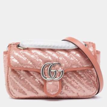 Pre Owned Gucci Pink Diagonal Sequins And Leather Mini GG Marmont Shoulder Bag