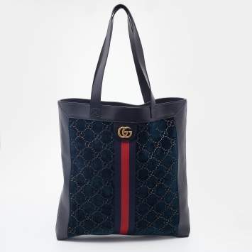 Pre Owned Gucci Black/Dark Green Velvet and Leather Ophidia Shopper Tote