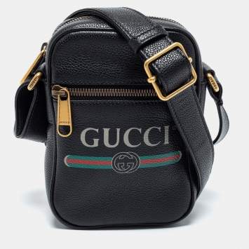 Pre Owned Gucci Black Leather Logo Print Messenger Bag 