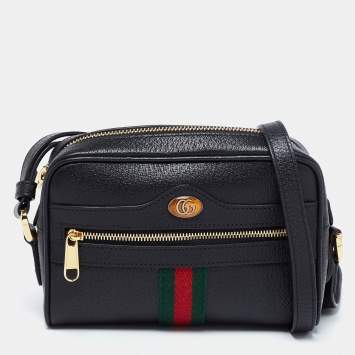 Pre Owned Gucci Black Leather And Web Mini Ophidia Crossbody Bag