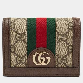 Pre Owned Gucci Brown GG Supreme Canvas and Leather Web Ophidia Card Case Wallet