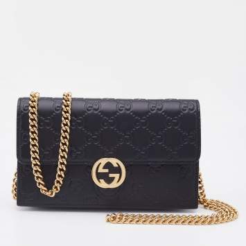Pre Owned Gucci Black Guccissima Leather Icon Interlocking GG Chain Wallet