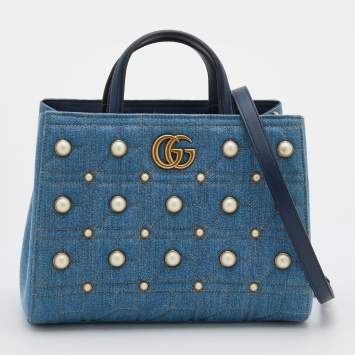 Pre Owned Gucci Blue Quilted Denim Small Pearl GG Marmont Tote