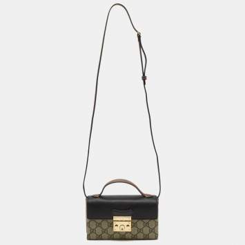 Pre Owned Gucci Black/Brown GG Supreme Canvas and Leather Mini Padlock Top Handle Bag