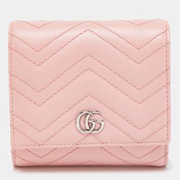 Pre Owned Gucci Pink Matelasse Leather GG Marmont Compact Wallet