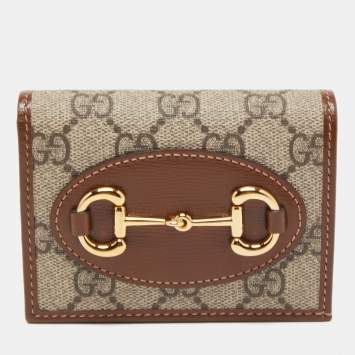 Pre Owned Gucci Brown/Beige GG Supreme Canvas and Leather Horsebit 1955 Card Case