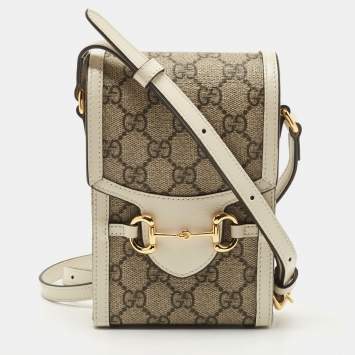 Pre Owned Gucci White/Beige GG Supreme Canvas and Leather Mini Horsebit 1955 Bag