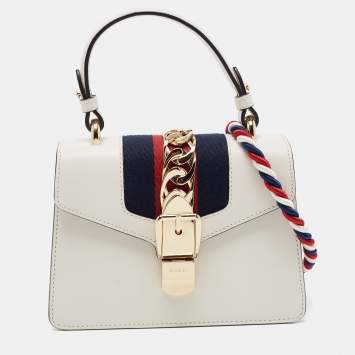 Pre Owned Gucci Off White Leather Mini Web Sylvie Top Handle Bag