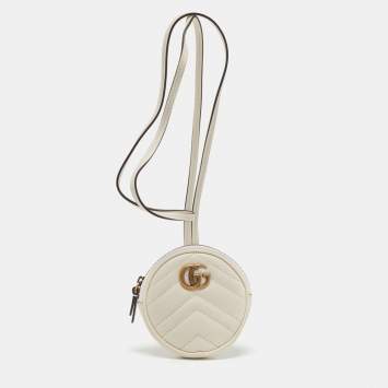 Pre Owned Gucci Off White Matelasse Leather GG Marmont Round Coin Purse