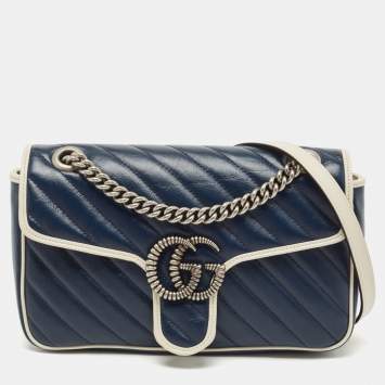 Pre Owned Gucci White/Blue Diagonal Matelassé Leather Small GG Torchon Marmont Shoulder Bag