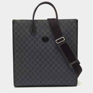 Pre Owned Gucci Black GG Supreme Canvas and Leather Medium Interlocking G Tote