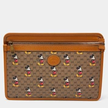 Pre Owned Gucci x Disney Brown GG Supreme Canvas and Leather Mini Mickey Mouse Zip Pouch
