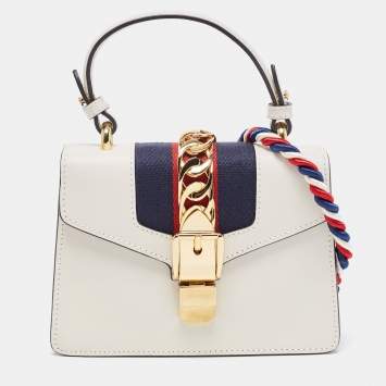 Pre Owned Gucci Off White Leather Mini Web Sylvie Top Handle Bag