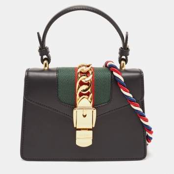 Pre Owned Gucci Black Leather Mini Web Sylvie Top Handle Bag